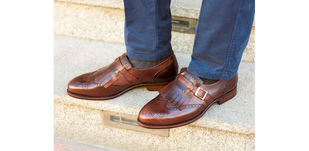 Brown monaci punta accento ala, marrone scarpe da uomo