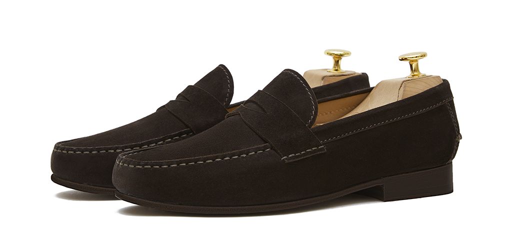Penny mocassino, scarpe di camoscio, scarpe marrone scuro, fannullone, maschera di scarpe, scarpe comode
