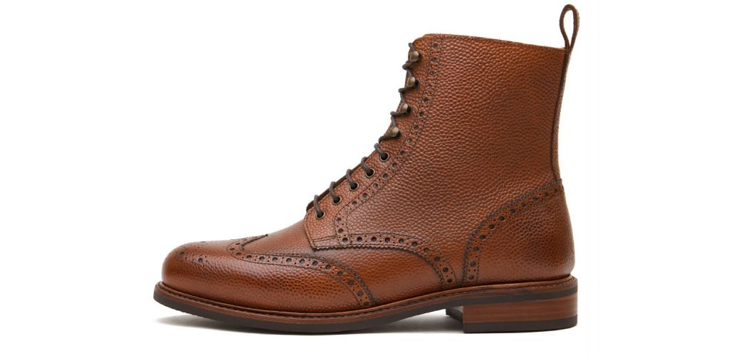 Derby botas de ponta de asa de couro marrom em relevo, botas de vaqueiro, botas de motociclista, scotch grãos