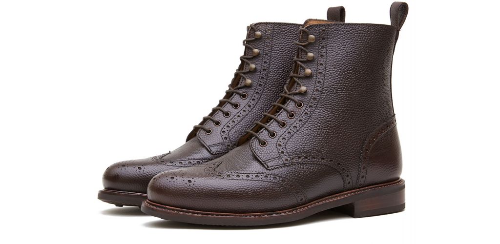 Derby botas de ponta de asa de couro marrom em relevo, botas de vaqueiro, botas de motociclista, scotch grãos